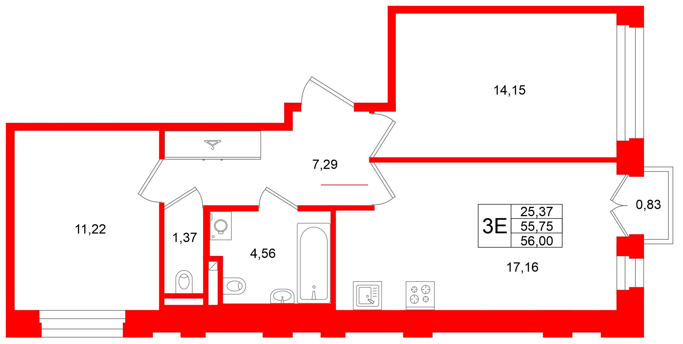 2-комнатная 55 м2 в ЖК Аристократ корпус null этаж 3