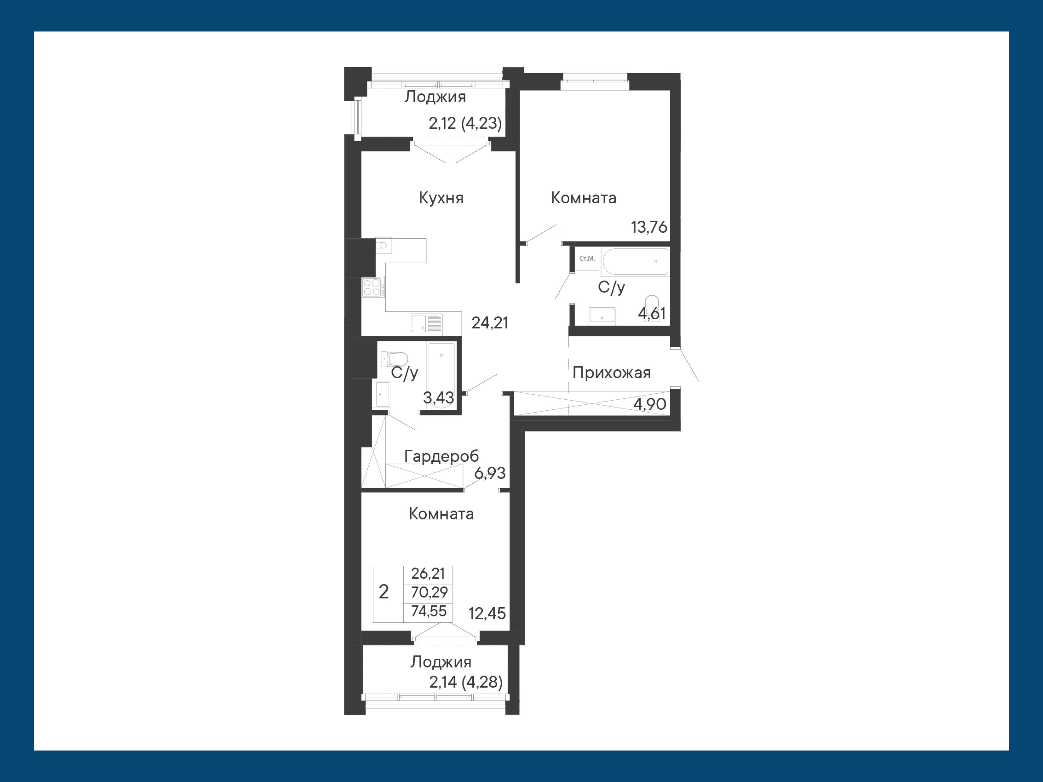 2-комнатная 74 м2 в ЖК Курортный квартал «Ривьера» корпус null этаж 2