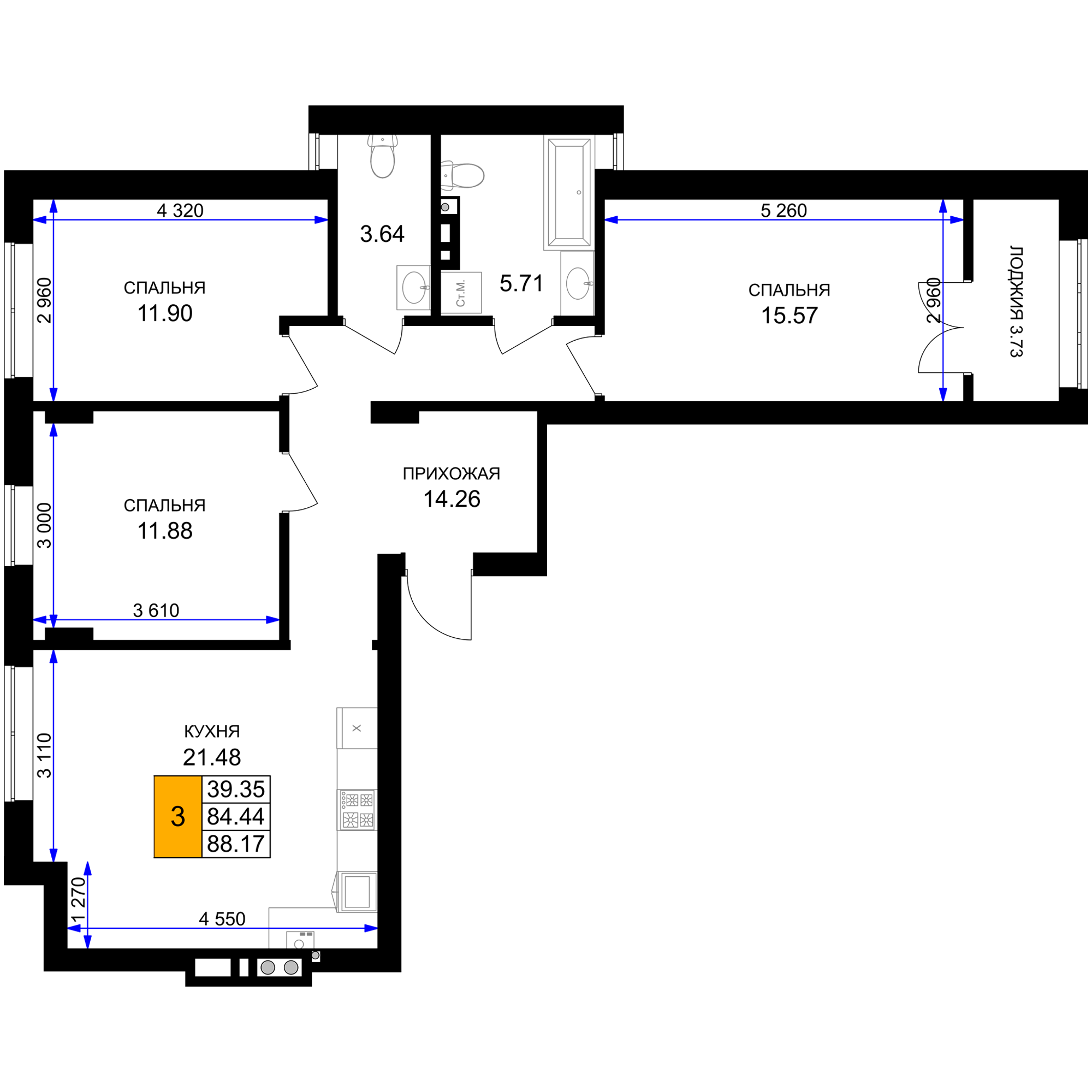 3-комнатная 86 м2 в ЖК Включи корпус null этаж 2