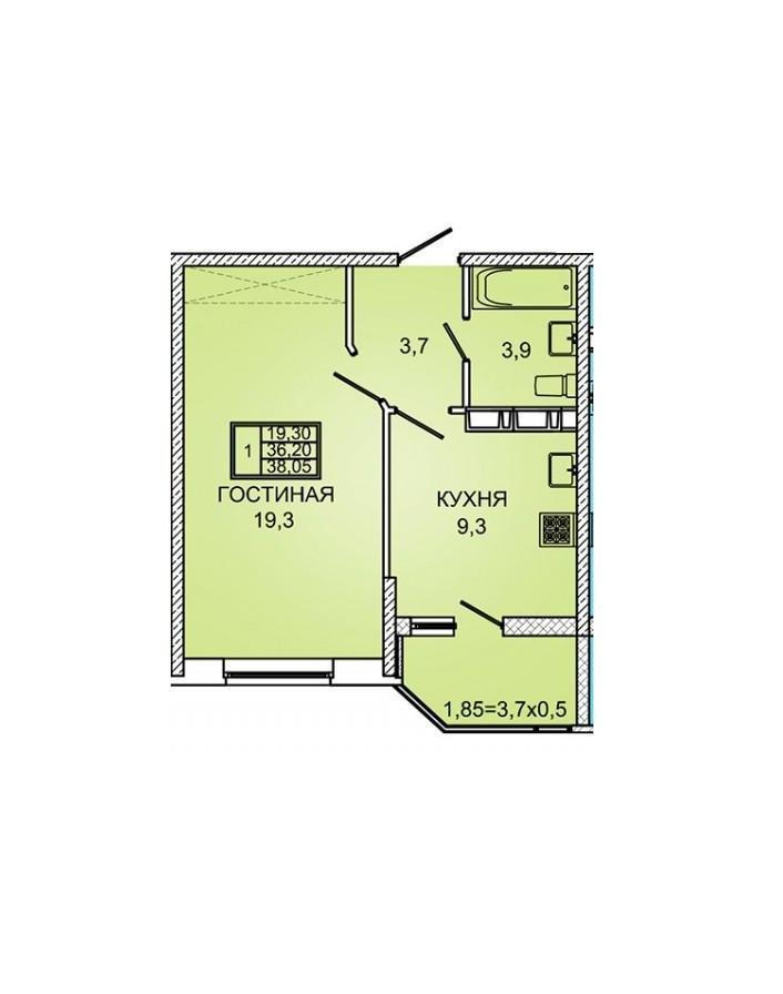 1-комнатная 38.1 м2 в ЖК undefined корпус null этаж 9