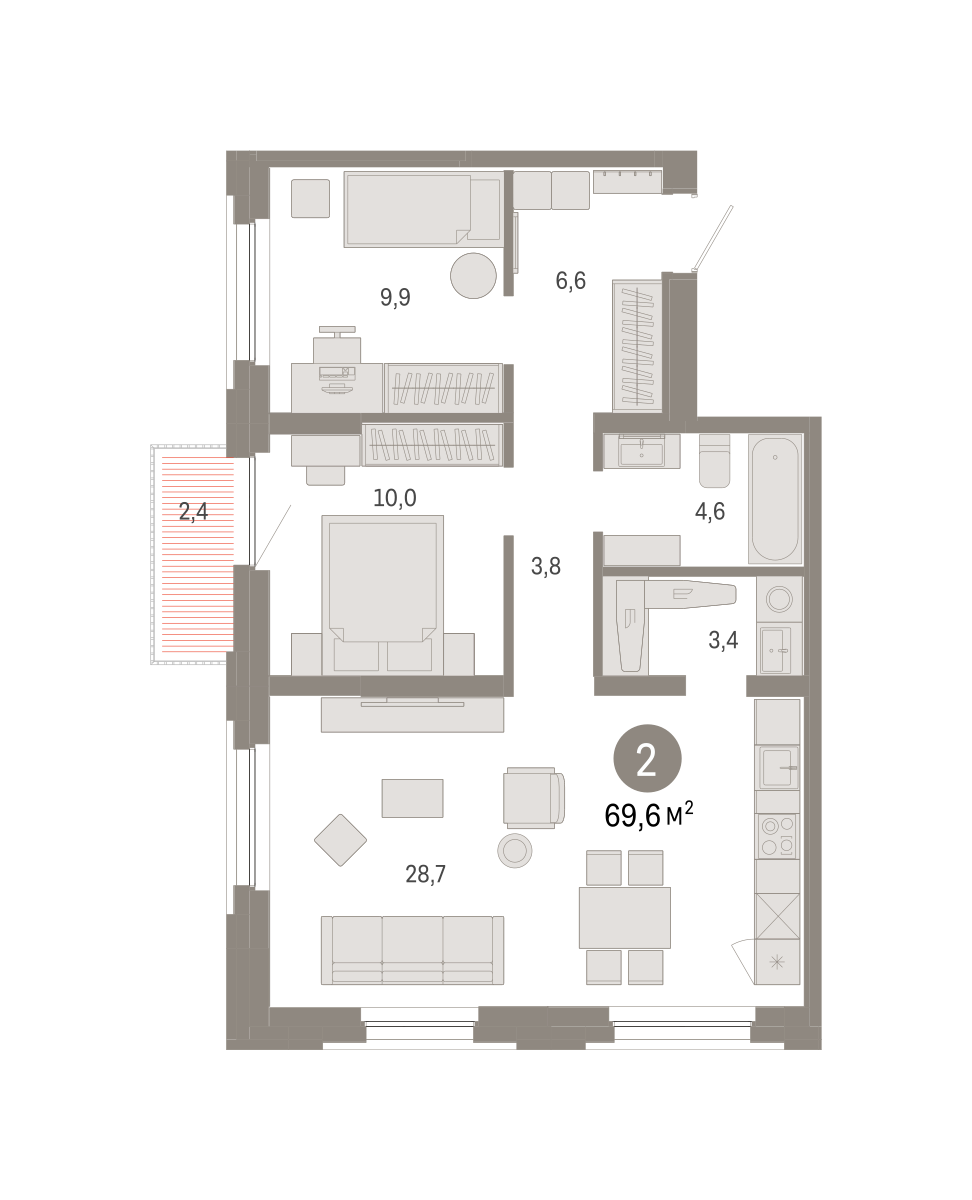 2-комнатная 69 м2 в ЖК Зарека корпус null этаж 4