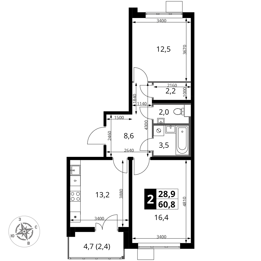 2-комнатная 60 м2 в ЖК 1-й Южный корпус null этаж 9