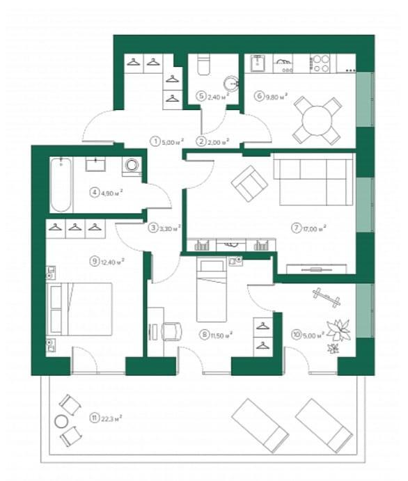 3-комнатная 77.5 м2 в ЖК undefined корпус null этаж 1
