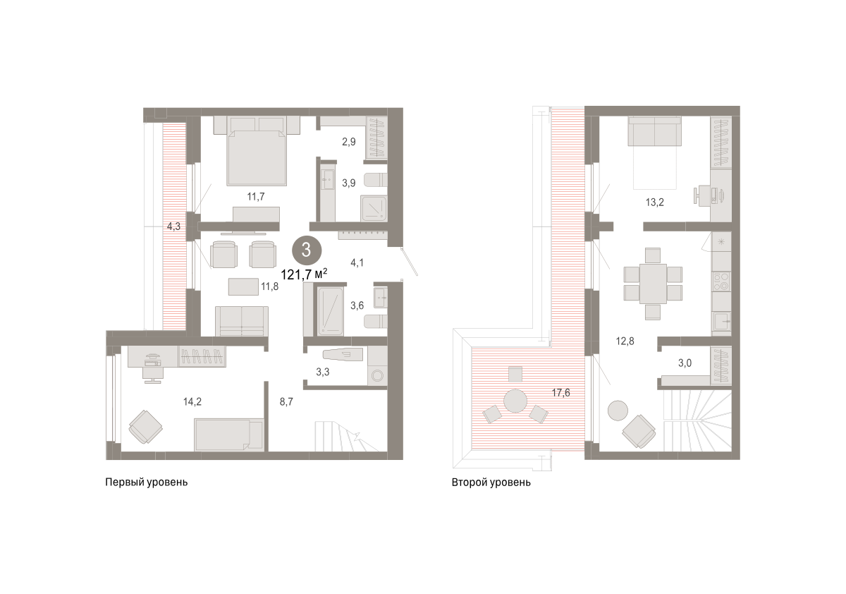3-комнатная 121 м2 в ЖК Квартал Нефть корпус null этаж 7