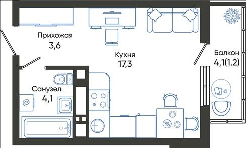 Студия 26 м2 в ЖК Облака корпус null этаж 12