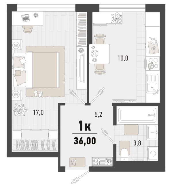 1-комнатная 36 м2 в ЖК undefined корпус null этаж 1