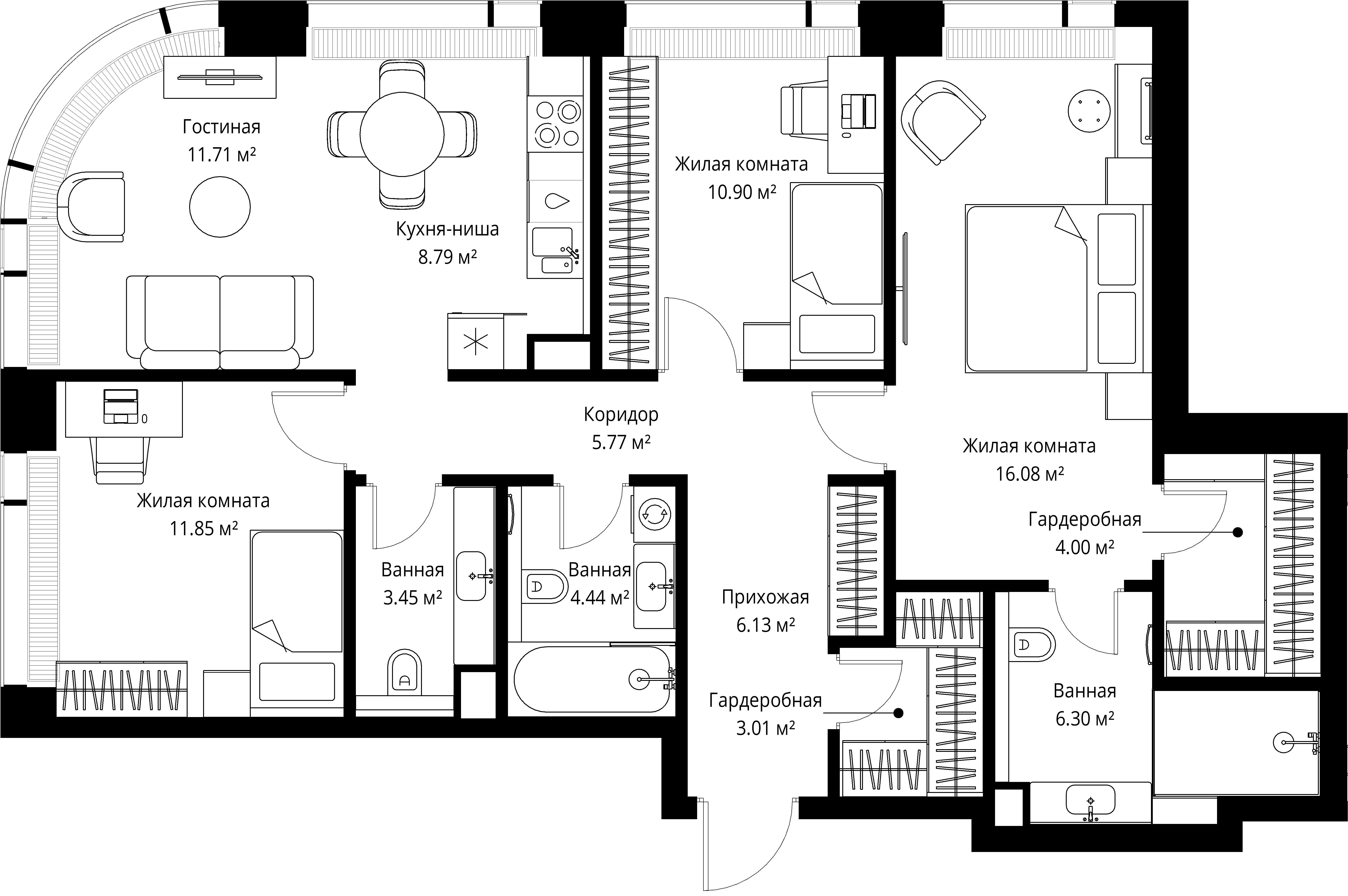 3-комнатная 92 м2 в ЖК ВЕЕР корпус null этаж 14