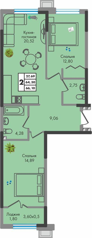 2-комнатная 66 м2 в ЖК Зеленая территория корпус null этаж 9