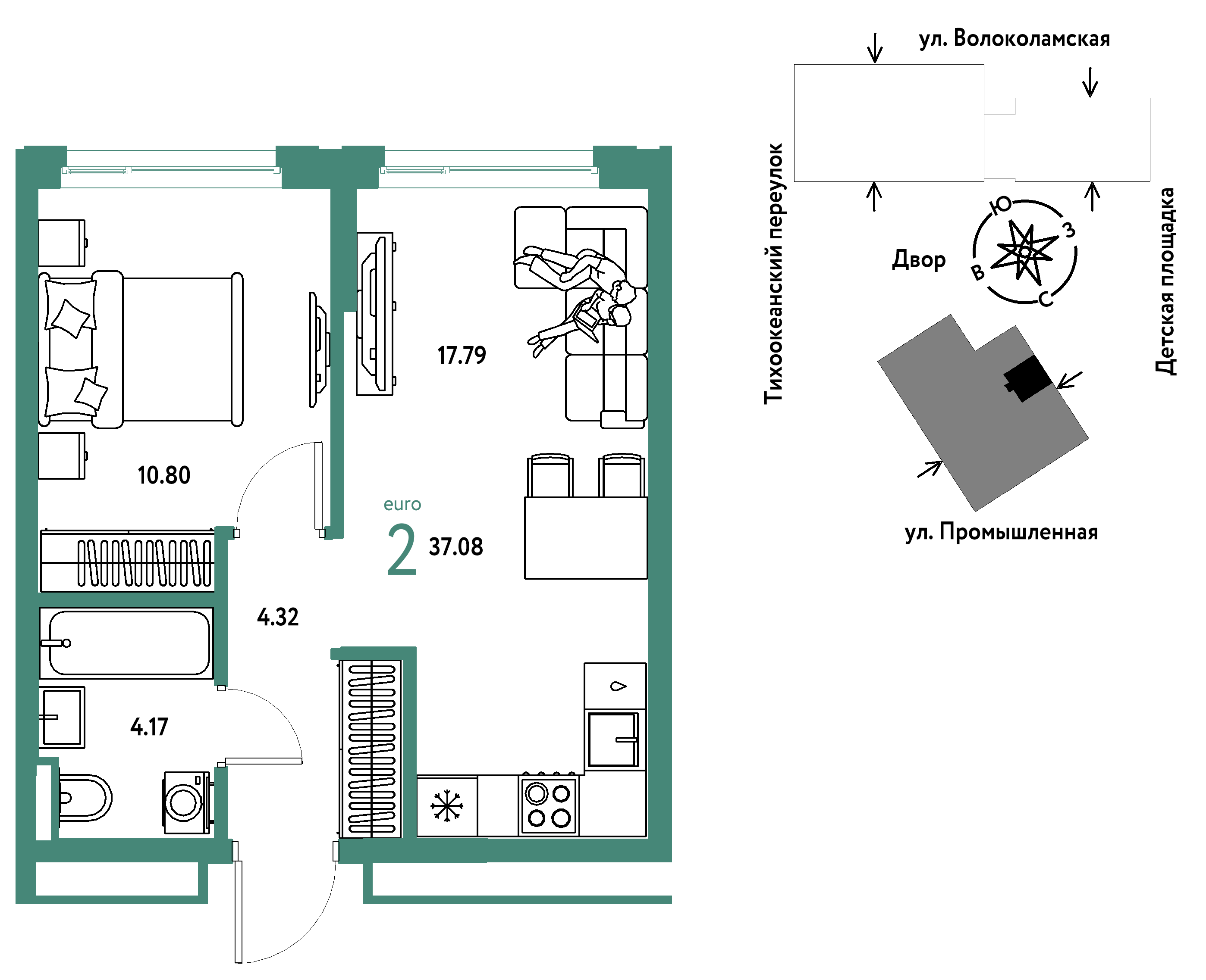 2-комнатная 37 м2 в ЖК Страна.Прибрежная корпус null этаж 13