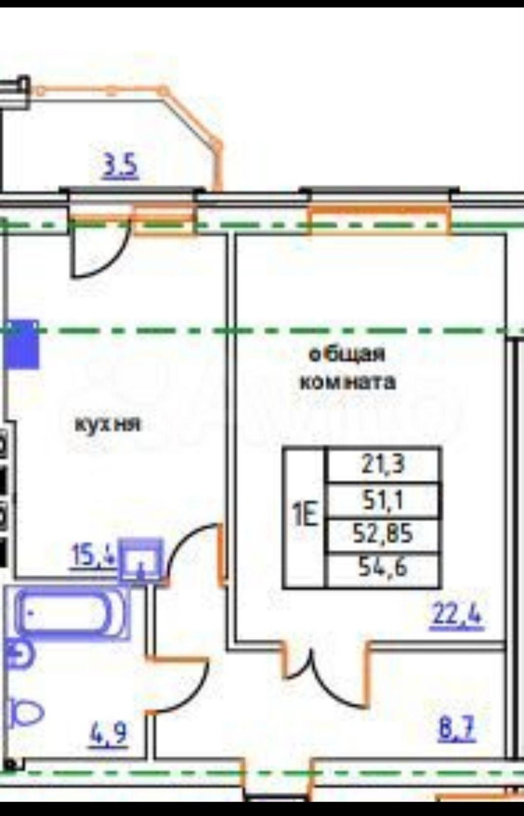 1-комнатная 54.6 м2 в ЖК undefined корпус null этаж 3