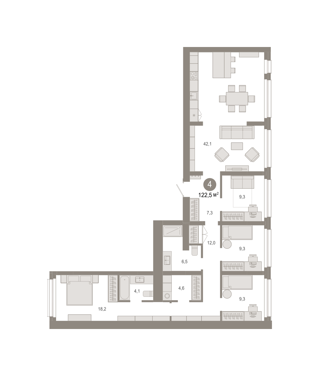 4-комнатная 122 м2 в ЖК Квартал Нефть корпус null этаж 2