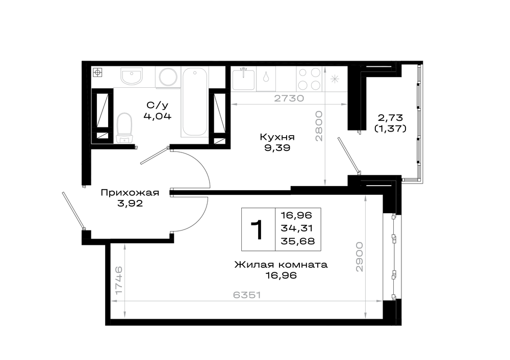 1-комнатная 35 м2 в ЖК Октябрь парк корпус null этаж 14