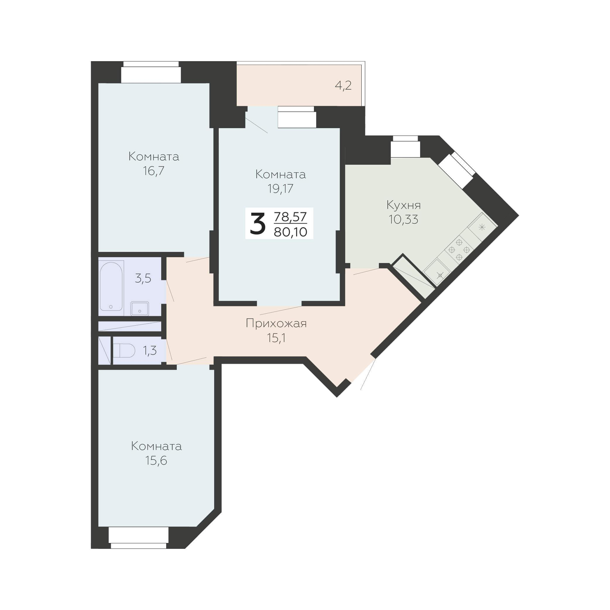 3-комнатная 80 м2 в ЖК Онегин корпус null этаж 14