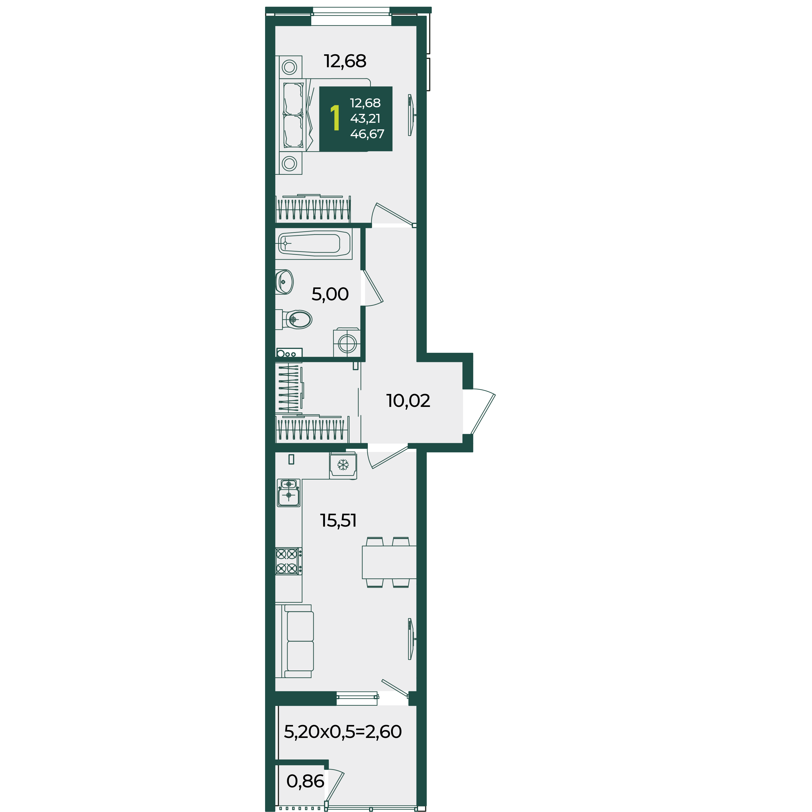 1-комнатная 46 м2 в ЖК Образцово корпус null этаж 2
