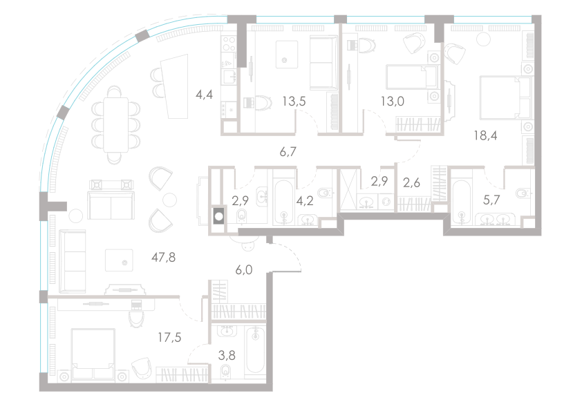 5-комнатная 150 м2 в ЖК River Park Towers Кутузовский корпус null этаж 45