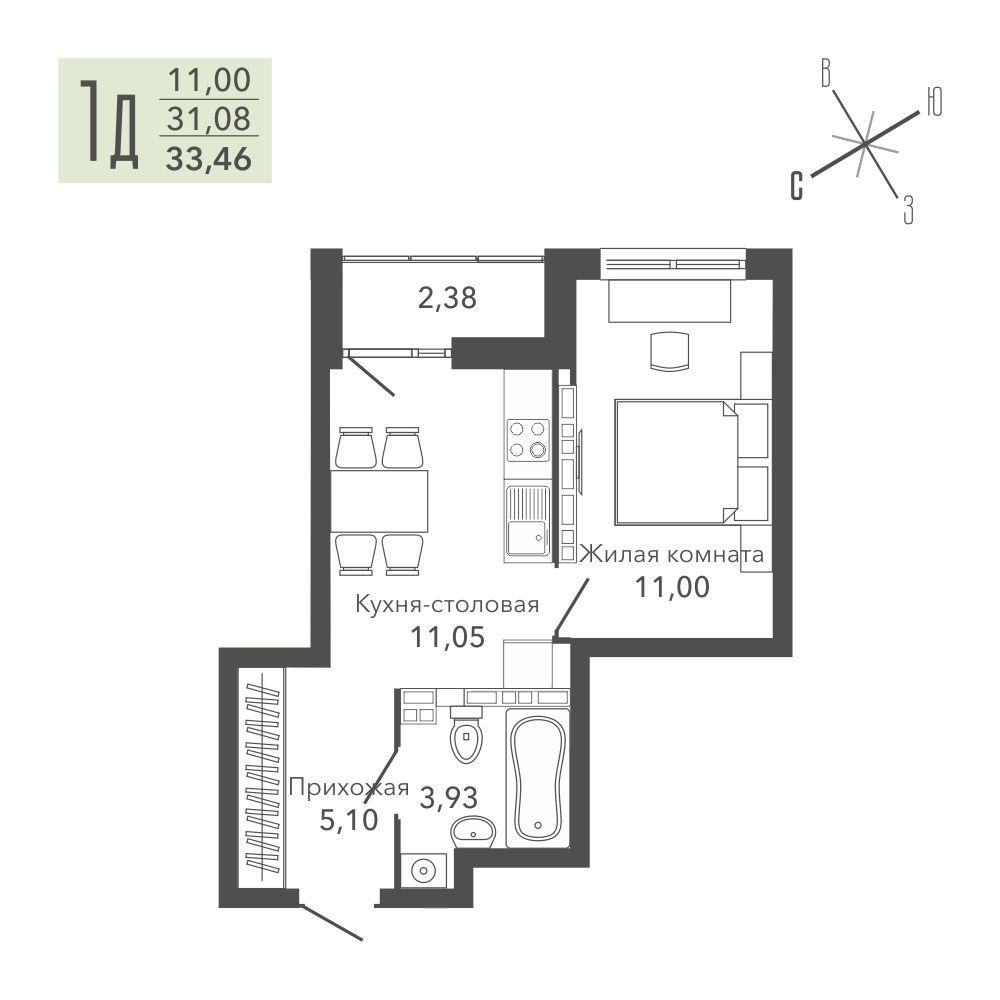 1-комнатная 33 м2 в ЖК Жилая среда «Шишкин» корпус null этаж 11
