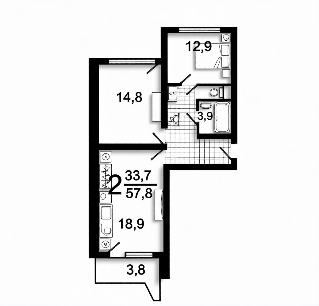 2-комнатная 57.8 м2 в ЖК undefined корпус null этаж 4