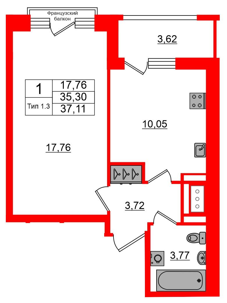1-комнатная 35 м2 в ЖК Setl Ривьера корпус null этаж 4