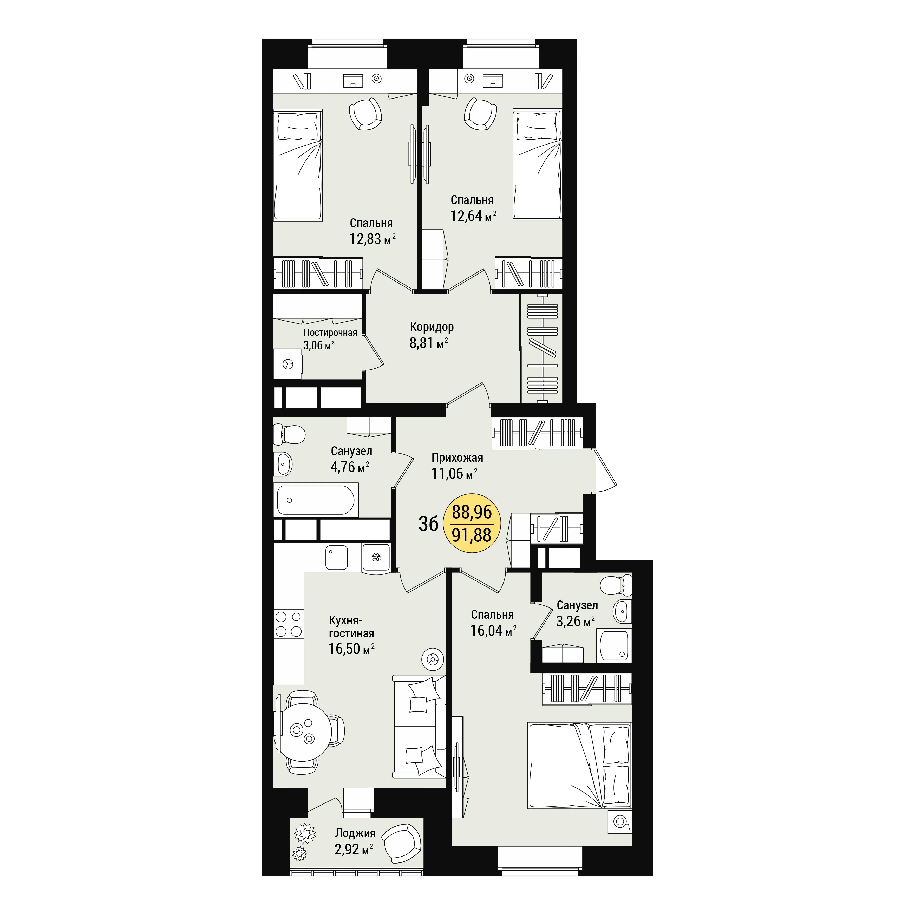 3-комнатная 91 м2 в ЖК Дубовый парк корпус null этаж 7