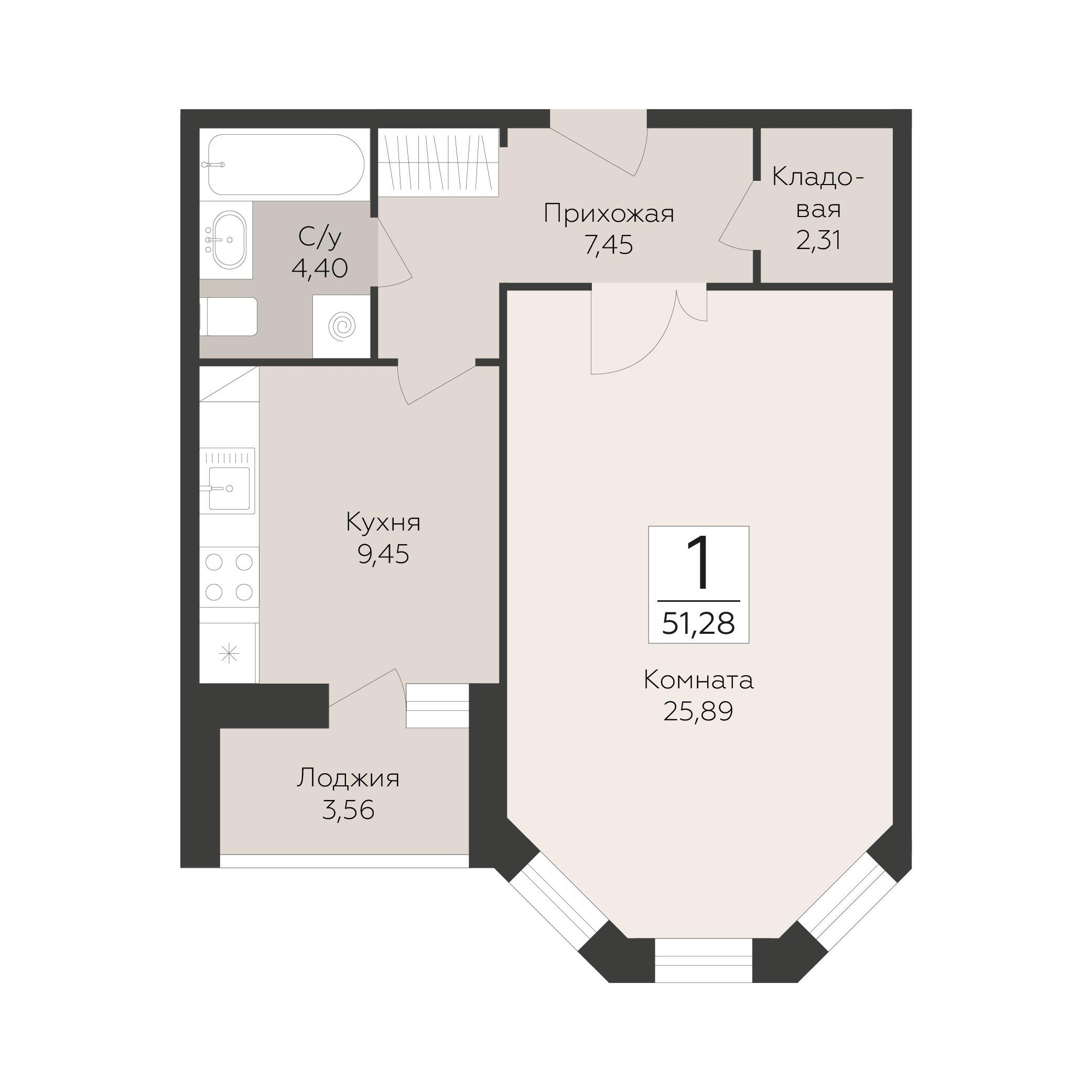 1-комнатная 51 м2 в ЖК Пахра Сити корпус null этаж 7