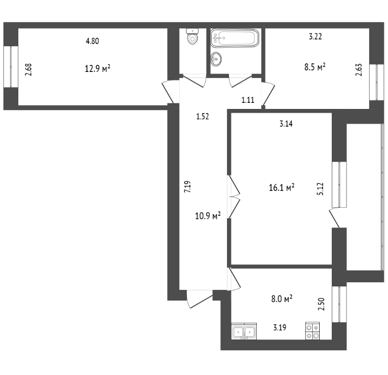3-комнатная 61 м2 в ЖК undefined корпус null этаж 6