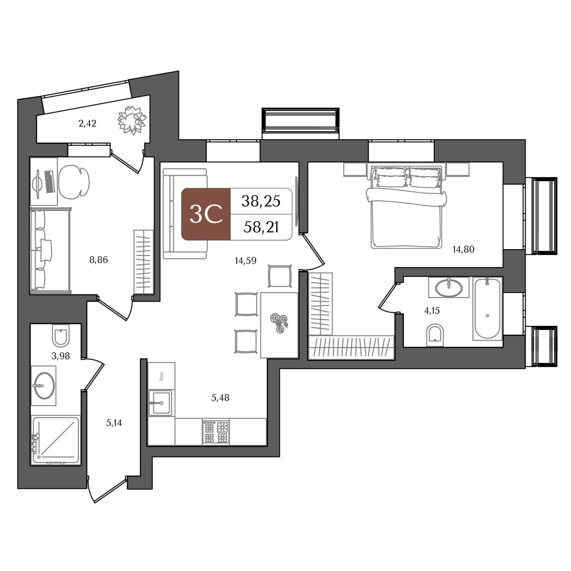3-комнатная 58 м2 в ЖК Холмогоры корпус null этаж 10