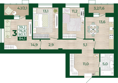 3-комнатная 76 м2 в ЖК Уют-Парк корпус null этаж 13