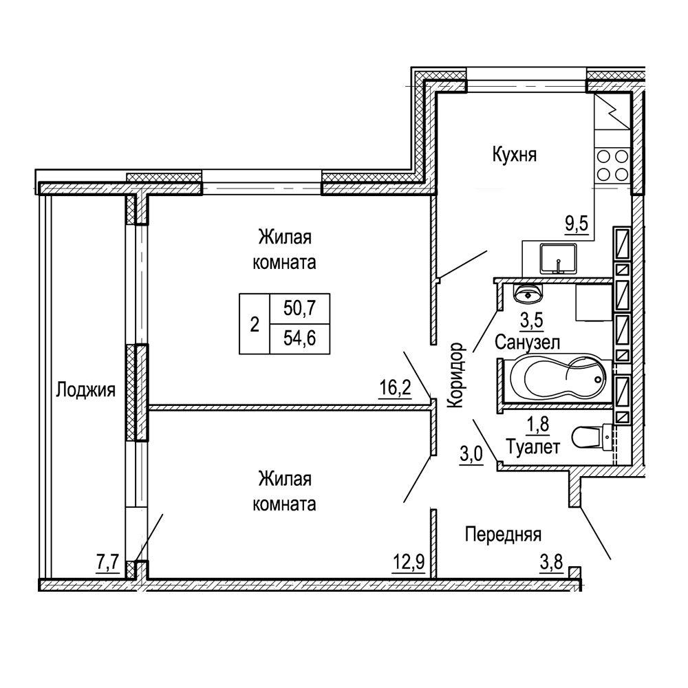 2-комнатная 54 м2 в ЖК ЖК "На Черняховского" корпус null этаж 17