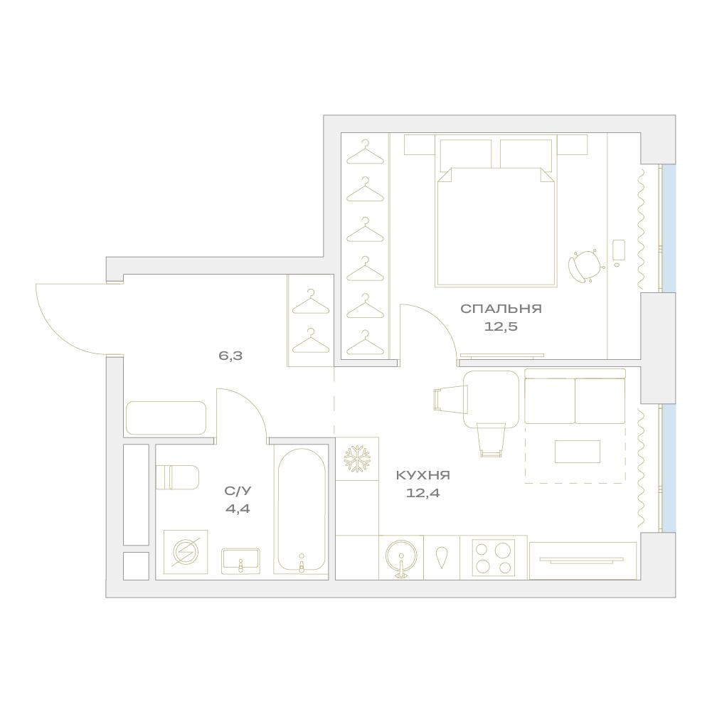 1-комнатная 35 м2 в ЖК Детали корпус null этаж 3