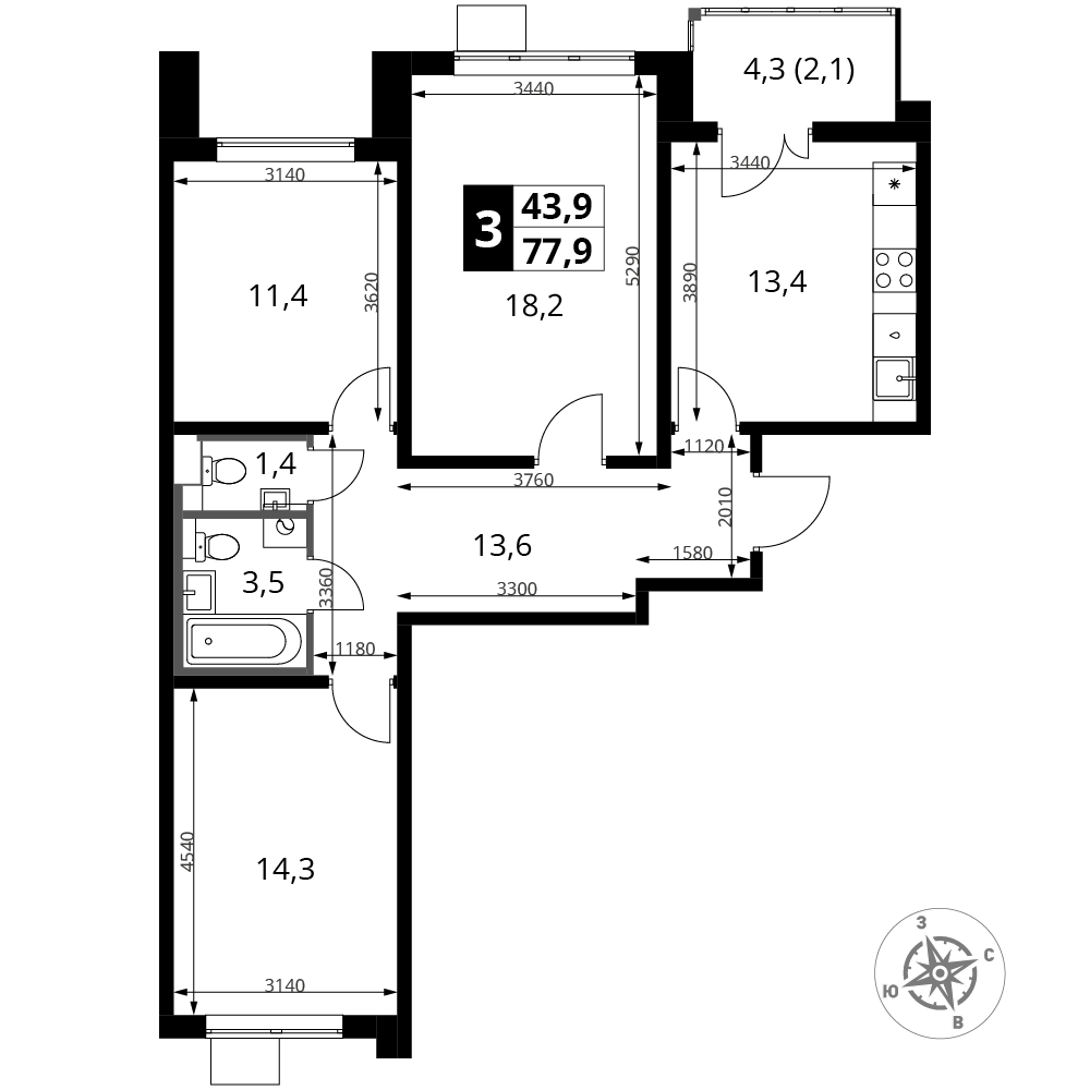 3-комнатная 77 м2 в ЖК 1-й Южный корпус null этаж 22