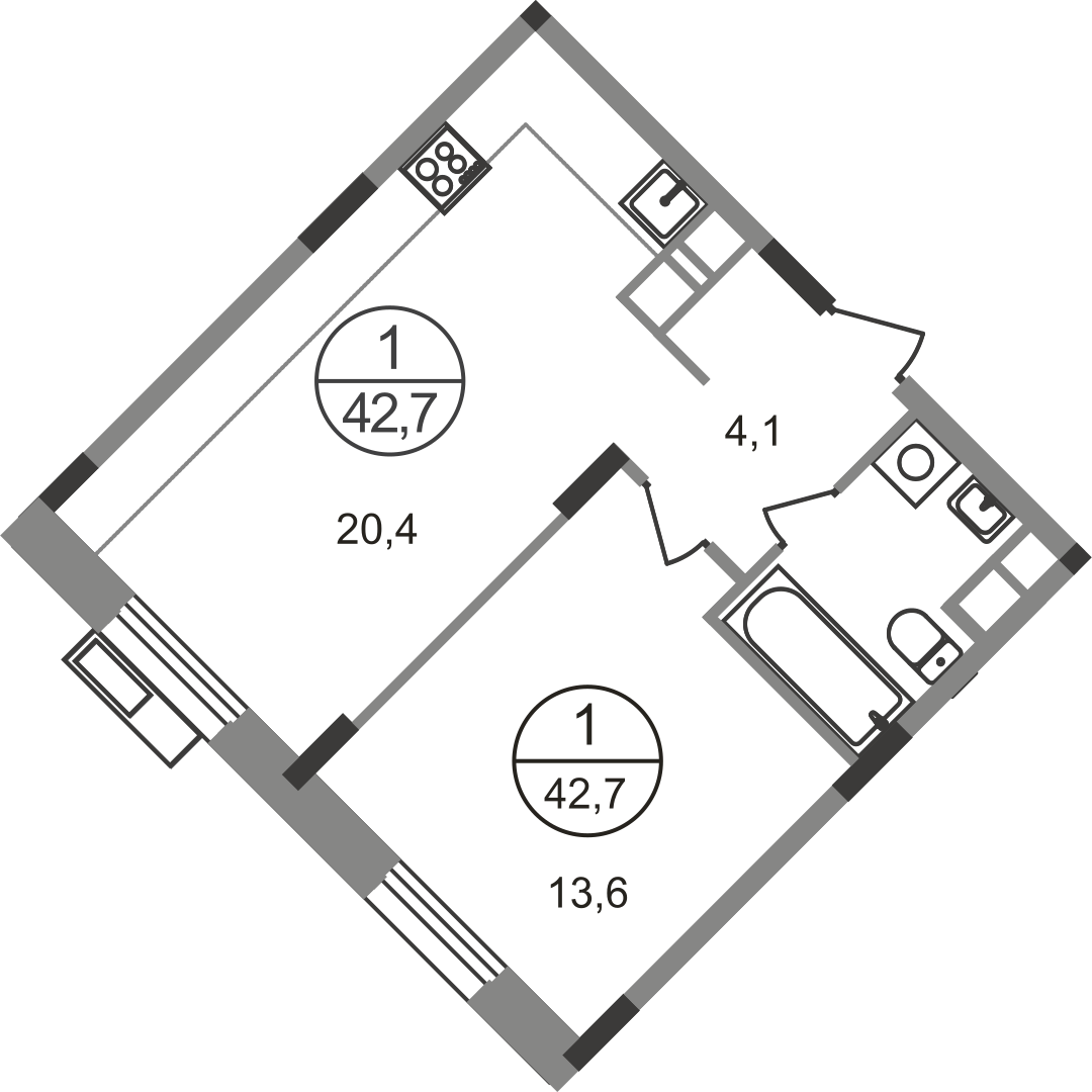 1-комнатная 42 м2 в ЖК Резиденции Сколково корпус null этаж 4