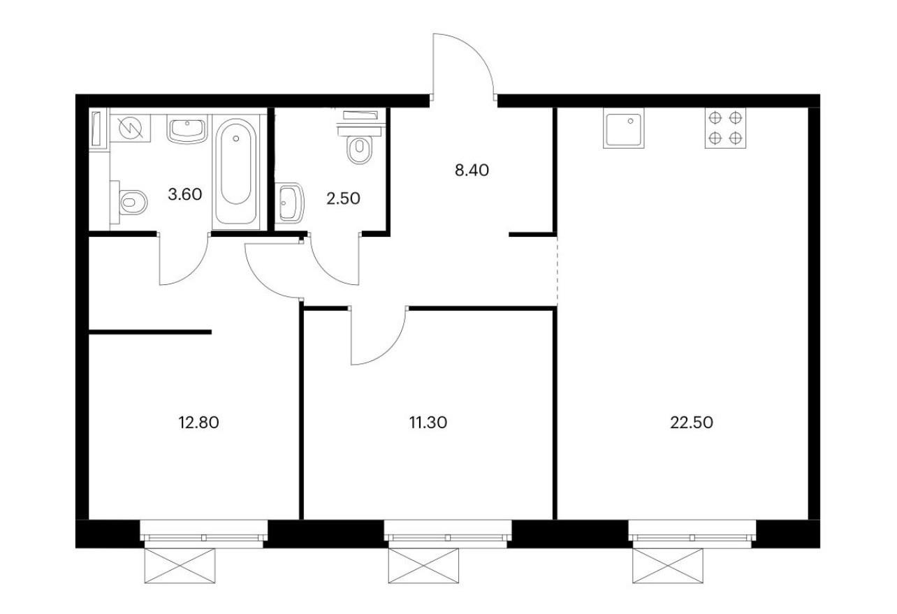 2-комнатная 61.1 м2 в ЖК undefined корпус null этаж 3