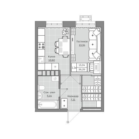 1-комнатная 36 м2 в ЖК Станция Спортивная корпус null этаж 17