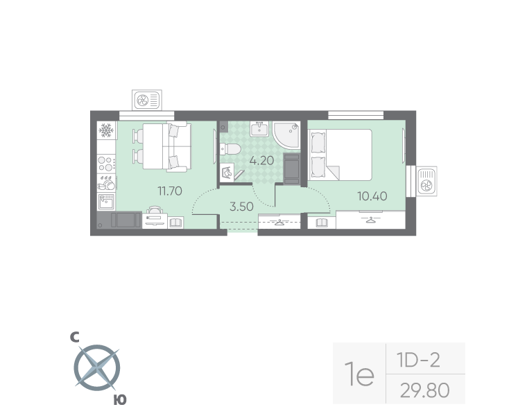 1-комнатная 29 м2 в ЖК Ручьи (2 оч.) корпус null этаж 19