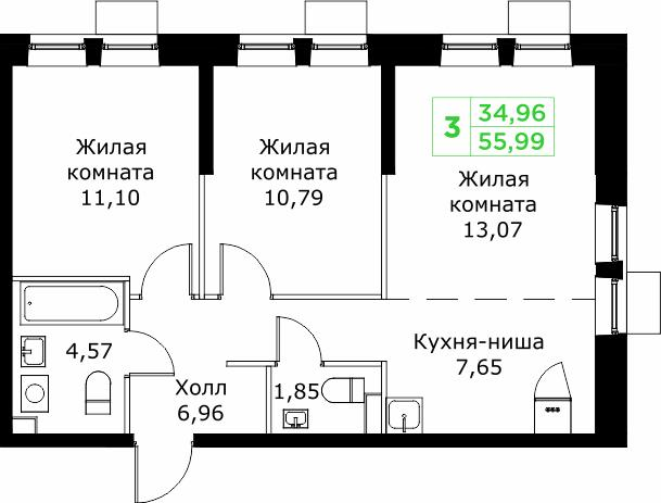 3-комнатная 56 м2 в ЖК Кит корпус null этаж 22