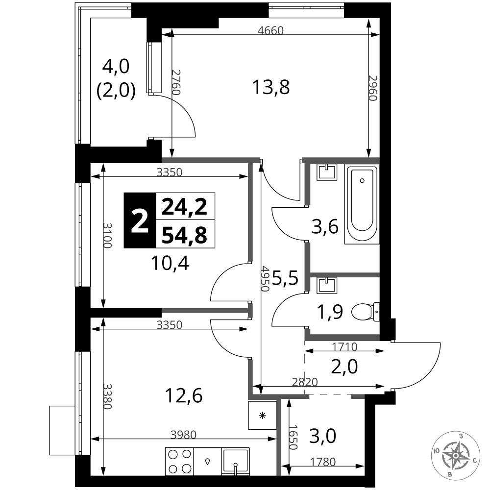 2-комнатная 54 м2 в ЖК 1-й Ясеневский корпус null этаж 15