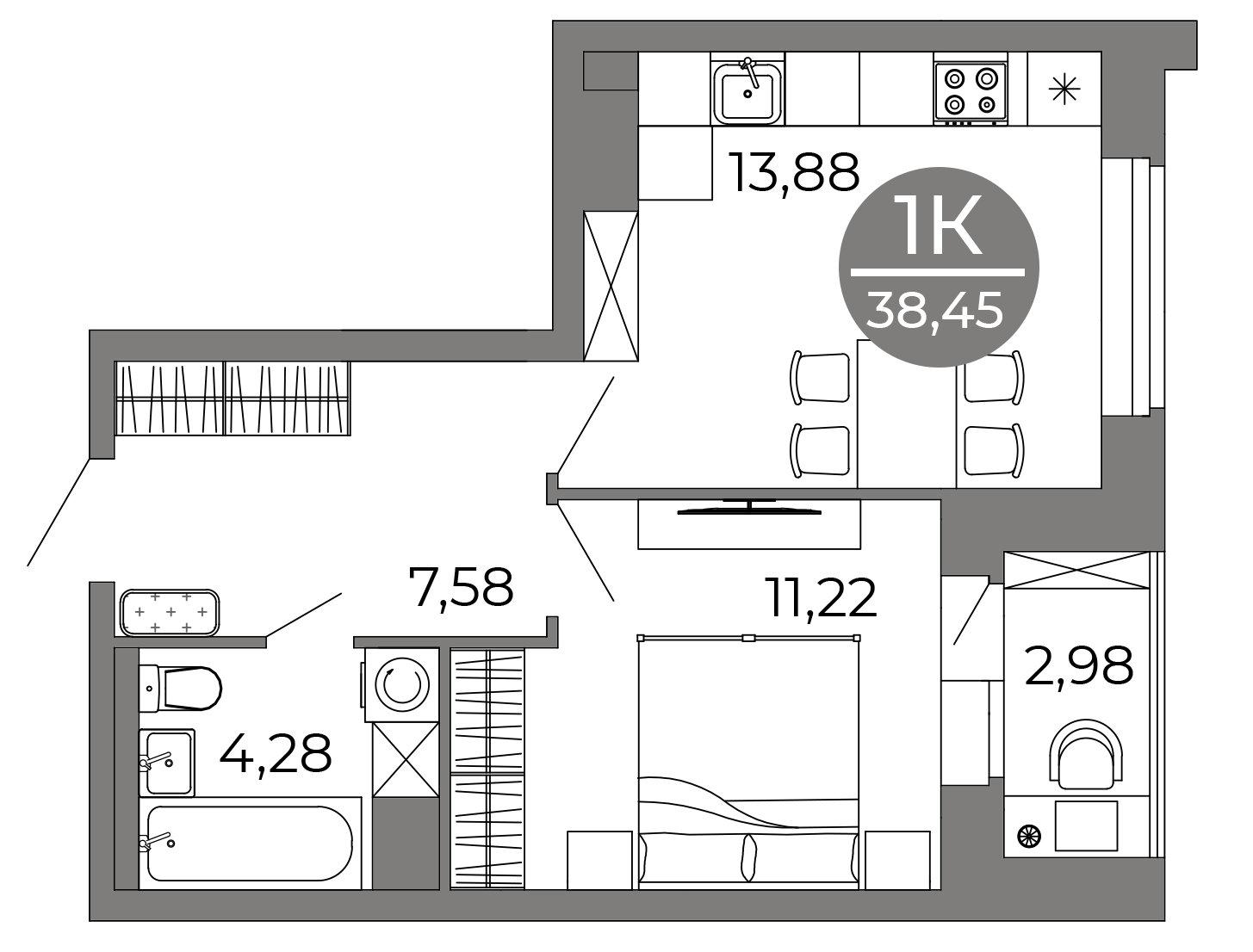 1-комнатная 38 м2 в ЖК Галилей корпус null этаж 19