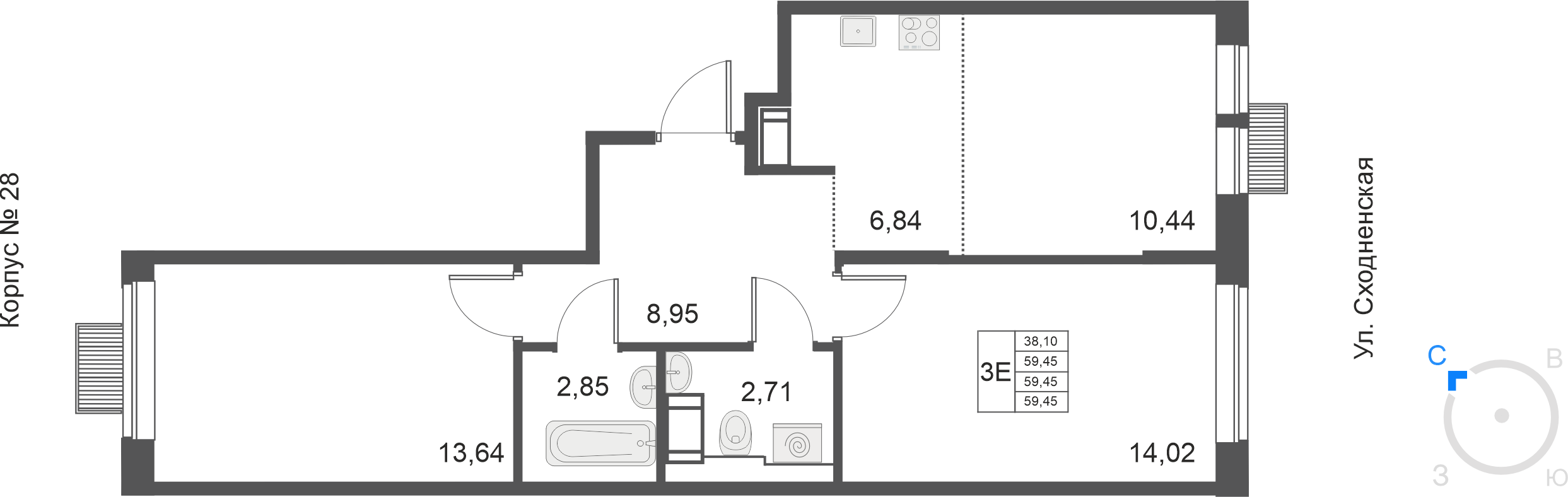 3-комнатная 59 м2 в ЖК Большое Путилково (УРАЛСИБ) корпус null этаж 3