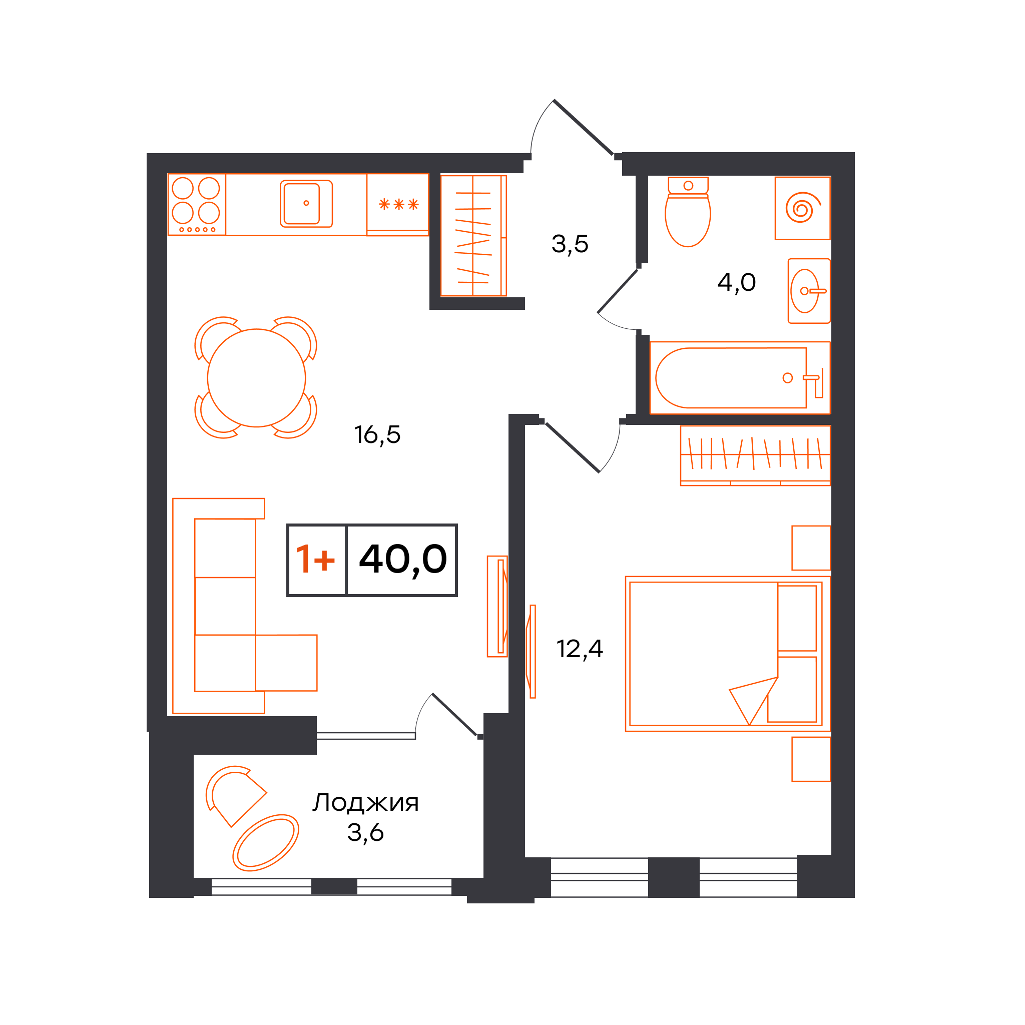 1-комнатная 40 м2 в ЖК УНО. Умный квартал корпус null этаж 14