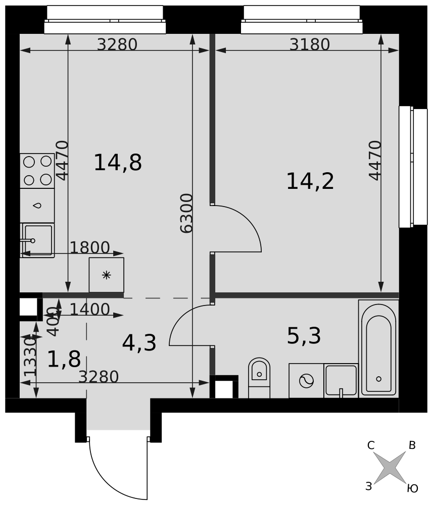 1-комнатная 40 м2 в ЖК Симоновский Вал корпус null этаж 3