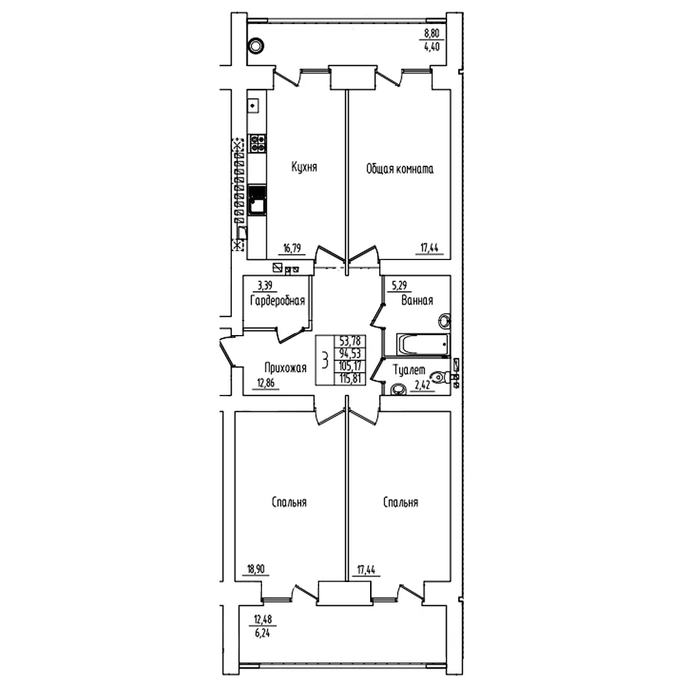 3-комнатная 115 м2 в ЖК «Мирный» поз. 27 корпус null этаж 7