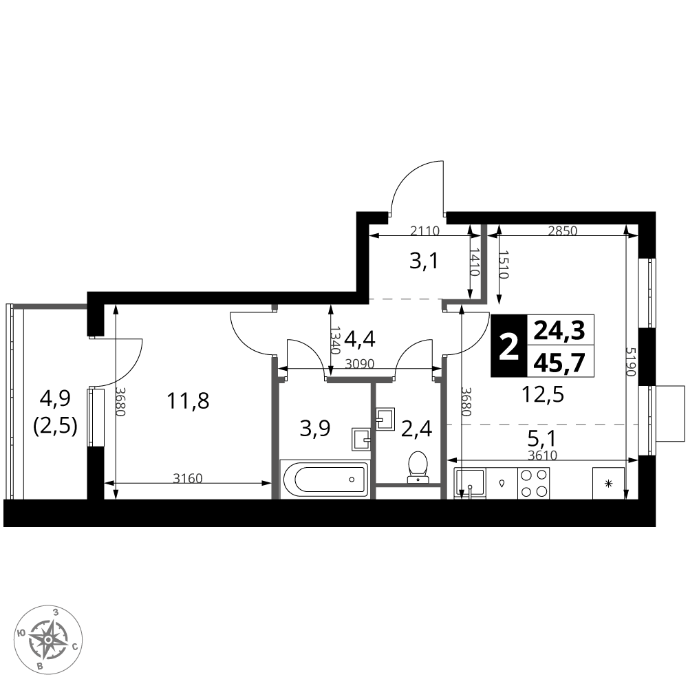 2-комнатная 45 м2 в ЖК 1-й Ясеневский корпус null этаж 3