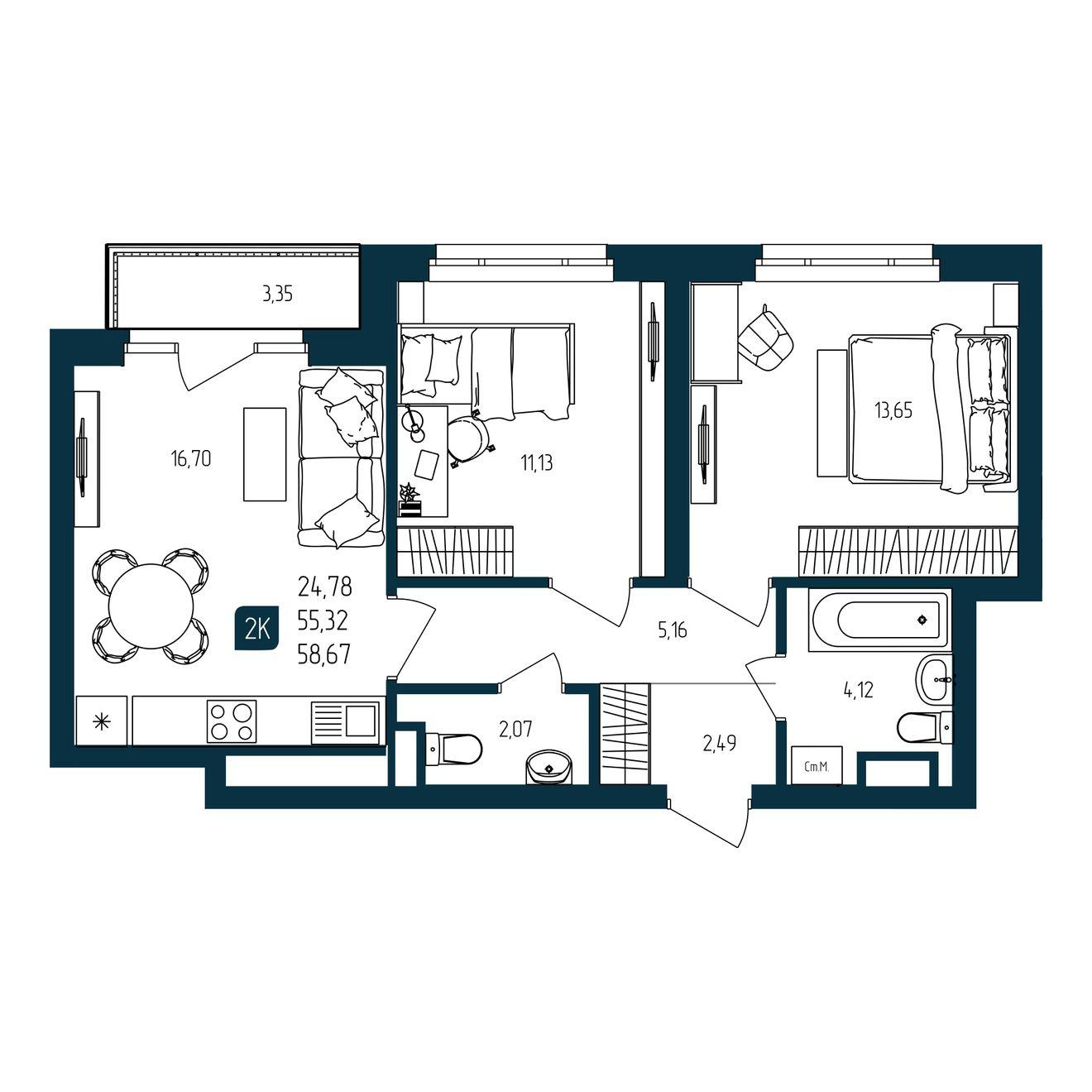 2-комнатная 55 м2 в ЖК Квартал Мятный корпус null этаж 10