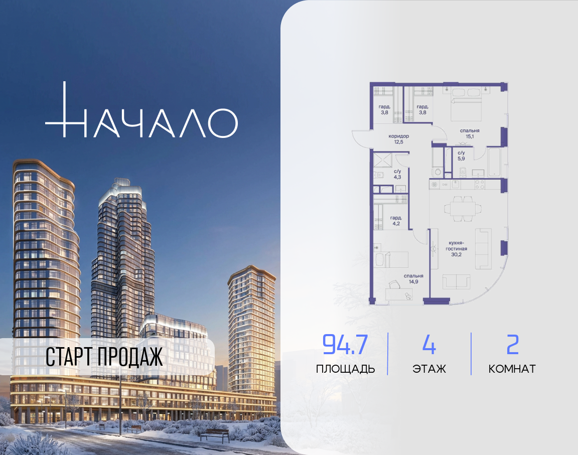 2-комнатная 94 м2 в ЖК Начало корпус null этаж 4