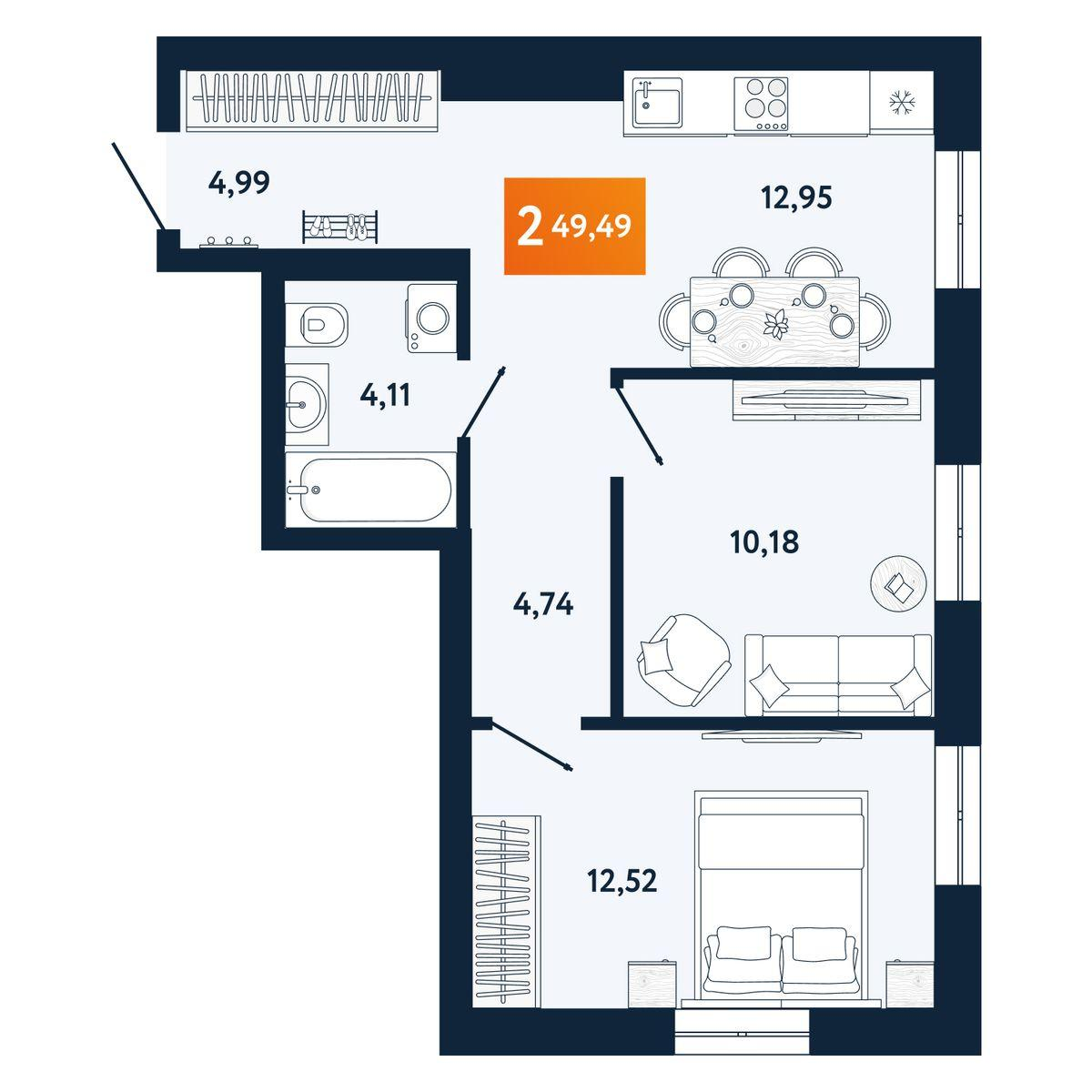 2-комнатная 49 м2 в ЖК PORT MAY корпус null этаж 5