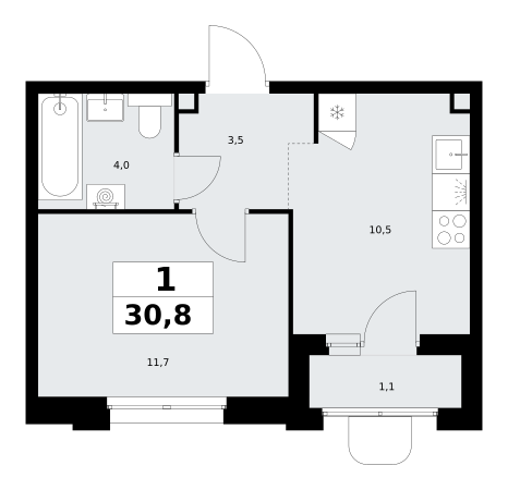 1-комнатная 30 м2 в ЖК Прокшино корпус null этаж 2