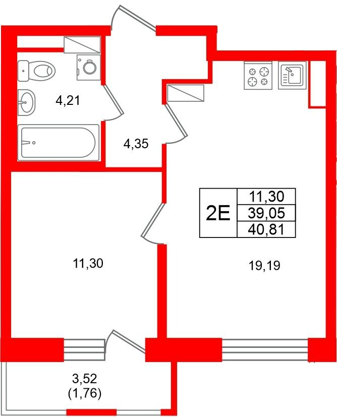 1-комнатная 40 м2 в ЖК Юнтолово корпус null этаж 9