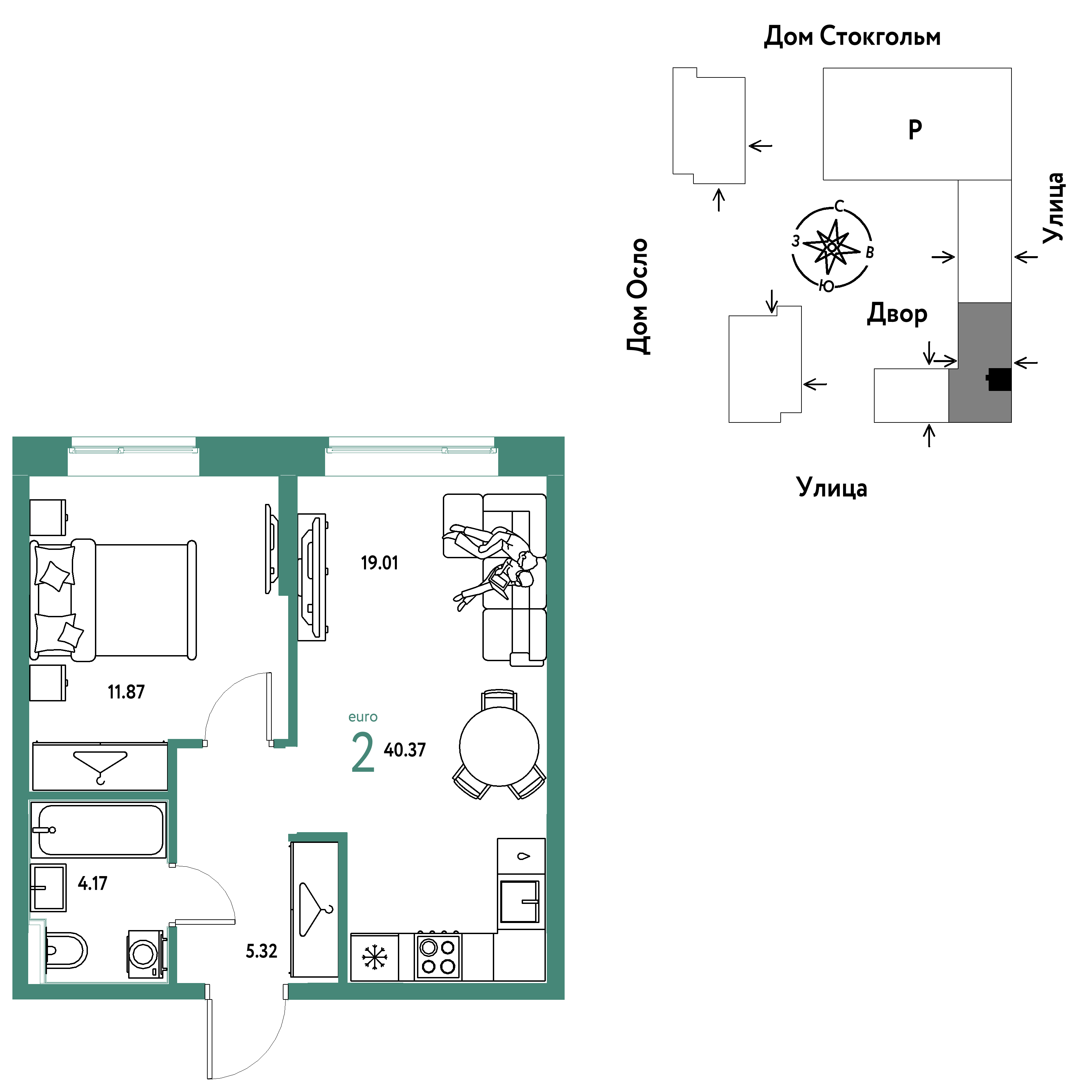 2-комнатная 40 м2 в ЖК Европейский берег 2.0 корпус null этаж 7