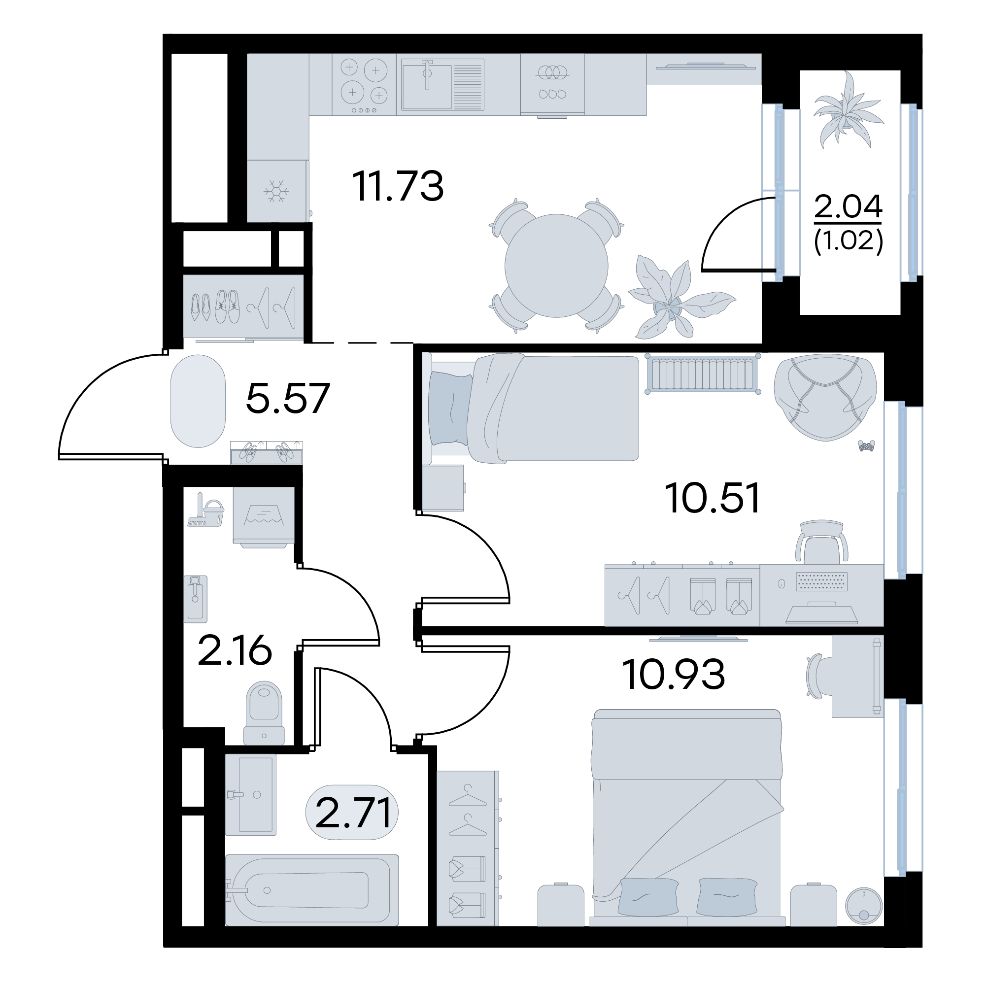 2-комнатная 44 м2 в ЖК GloraX Октябрьский корпус null этаж 13