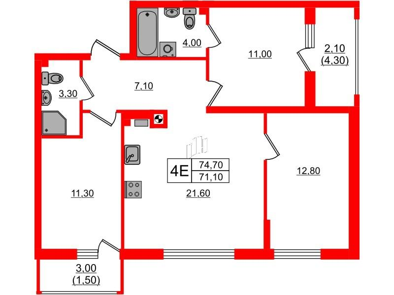 3-комнатная 74 м2 в ЖК River Park-2 корпус null этаж 1